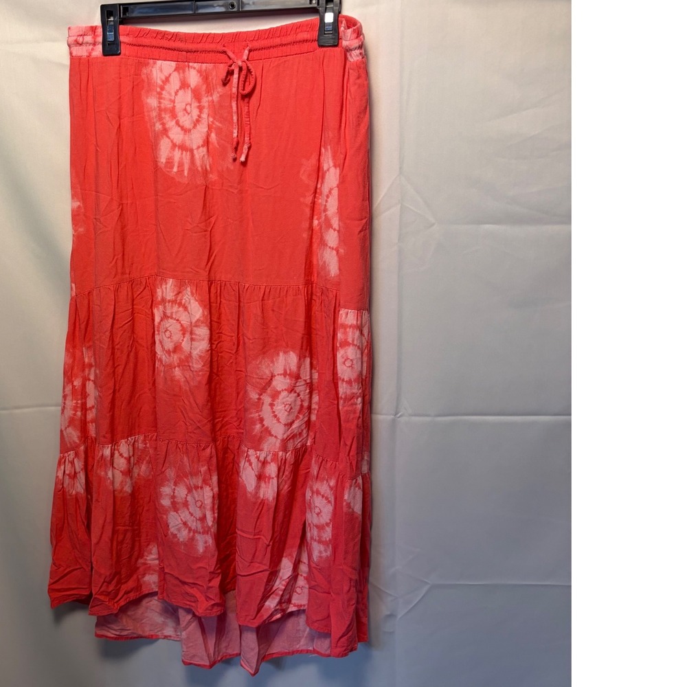 Knox Rose Womens Coral Pink Tie Dye Tiered Maxi Skirt Elastic Waist Size Large